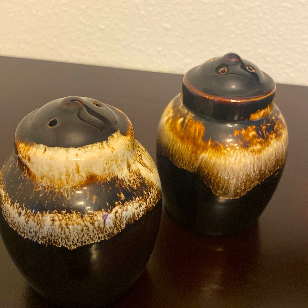 Vintage 60’s Dark Brown Drip Glaze Ceramic Salt and Pepper Shaker Set